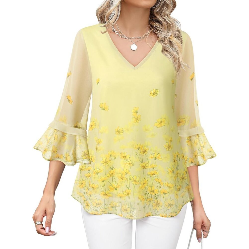 Women's Floral Chiffon Blouse Size Large V-Neck Ruffle Sleeve Casual Wear